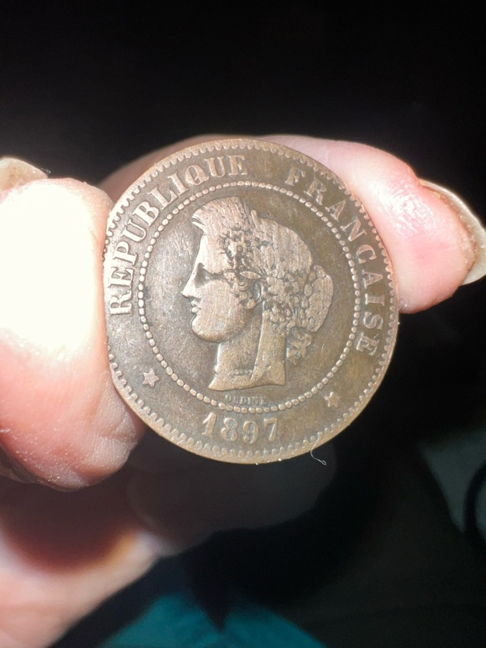 1897 French Republique Francaise Bronze Coin - Brown Patina